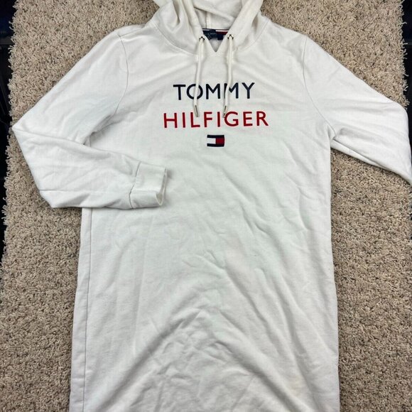 Tommy Hilfiger Hoodie Womens Medium White Super Long w Spell Out Logo Drawstring - Picture 1 of 7